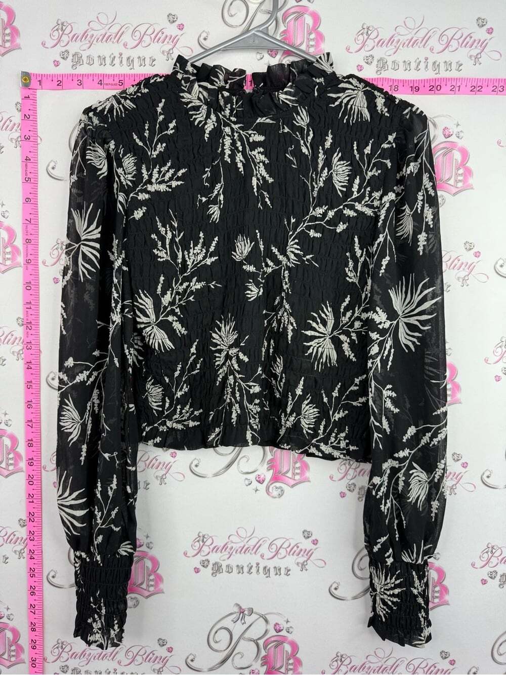 Dynamite blouse shirt smocked Black Floral Smocked Long-Sleeve Blouse